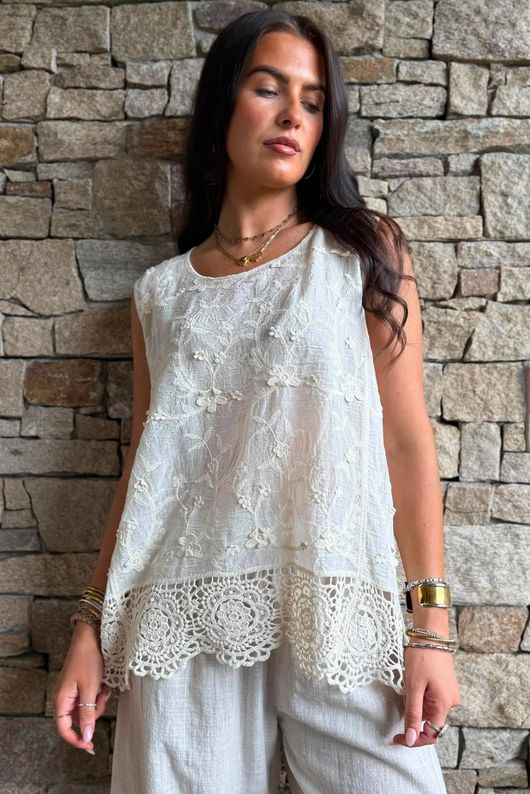 Veronica Embroidered Tank Vintage Cream